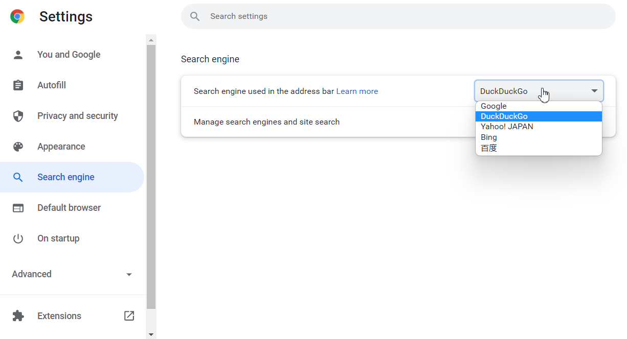 Chrome Search Engine Selection