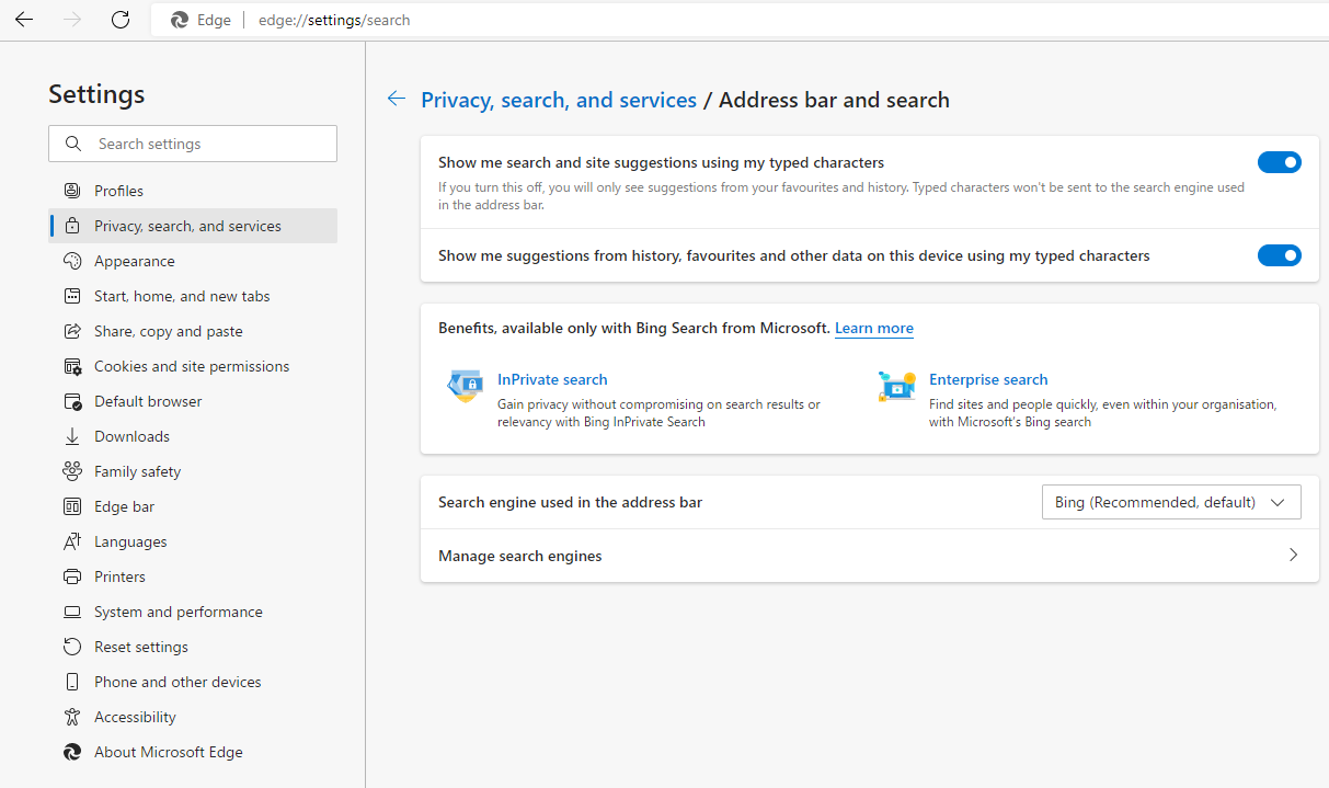 Edge Settings privacy search and services Address bar and search