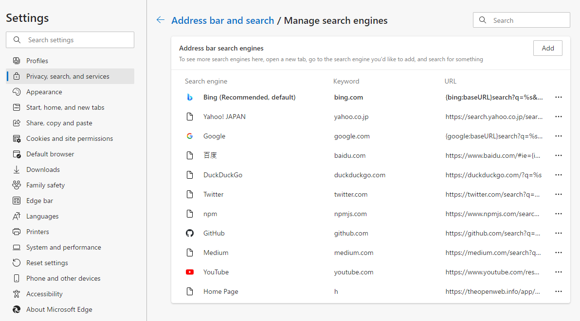 Edge Settings privacy search and services Address bar and search Manage search engines