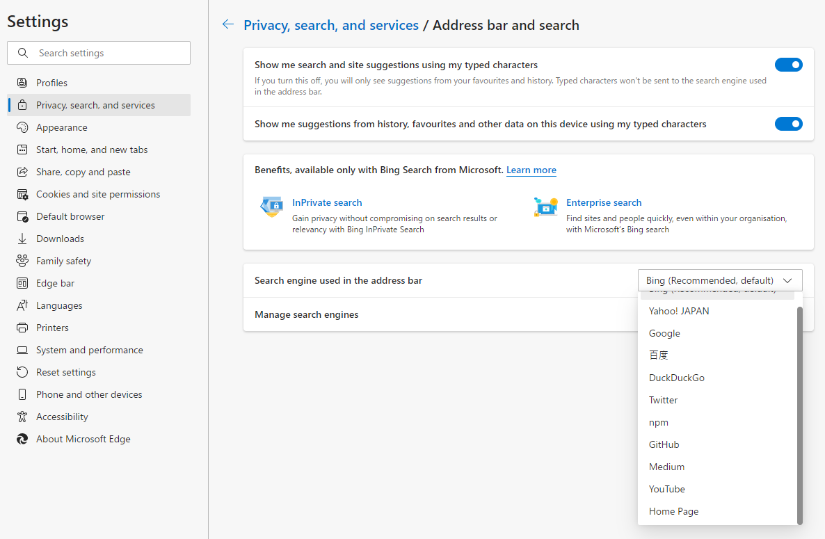 Edge Settings privacy search and services Address bar and search Search engine selection