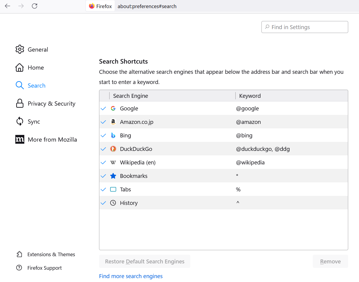 Firefox Settings Search Shortcuts